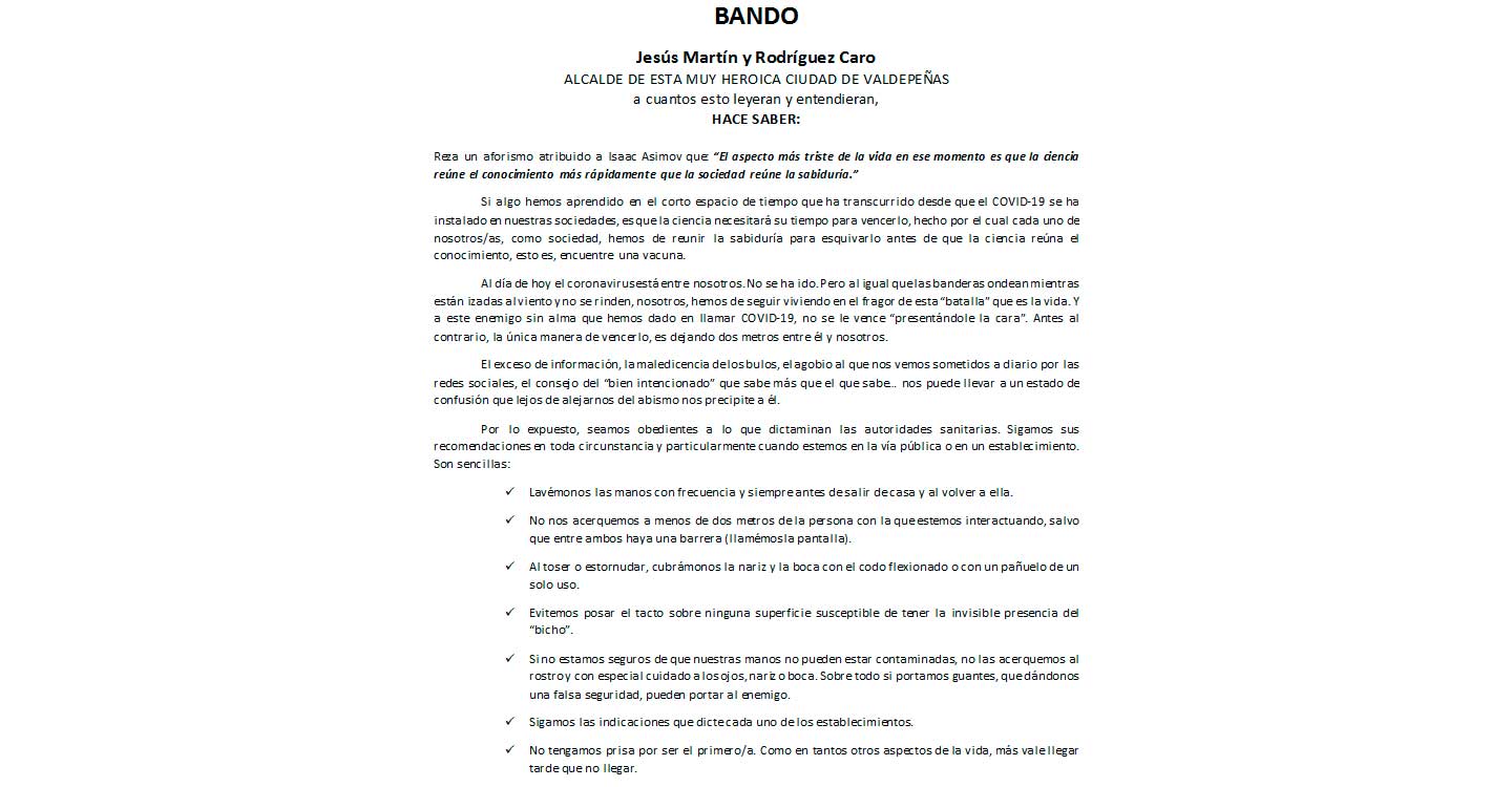 El alcalde publica un bando invitando a seguir las recomendaciones: “El virus no se ha ido”