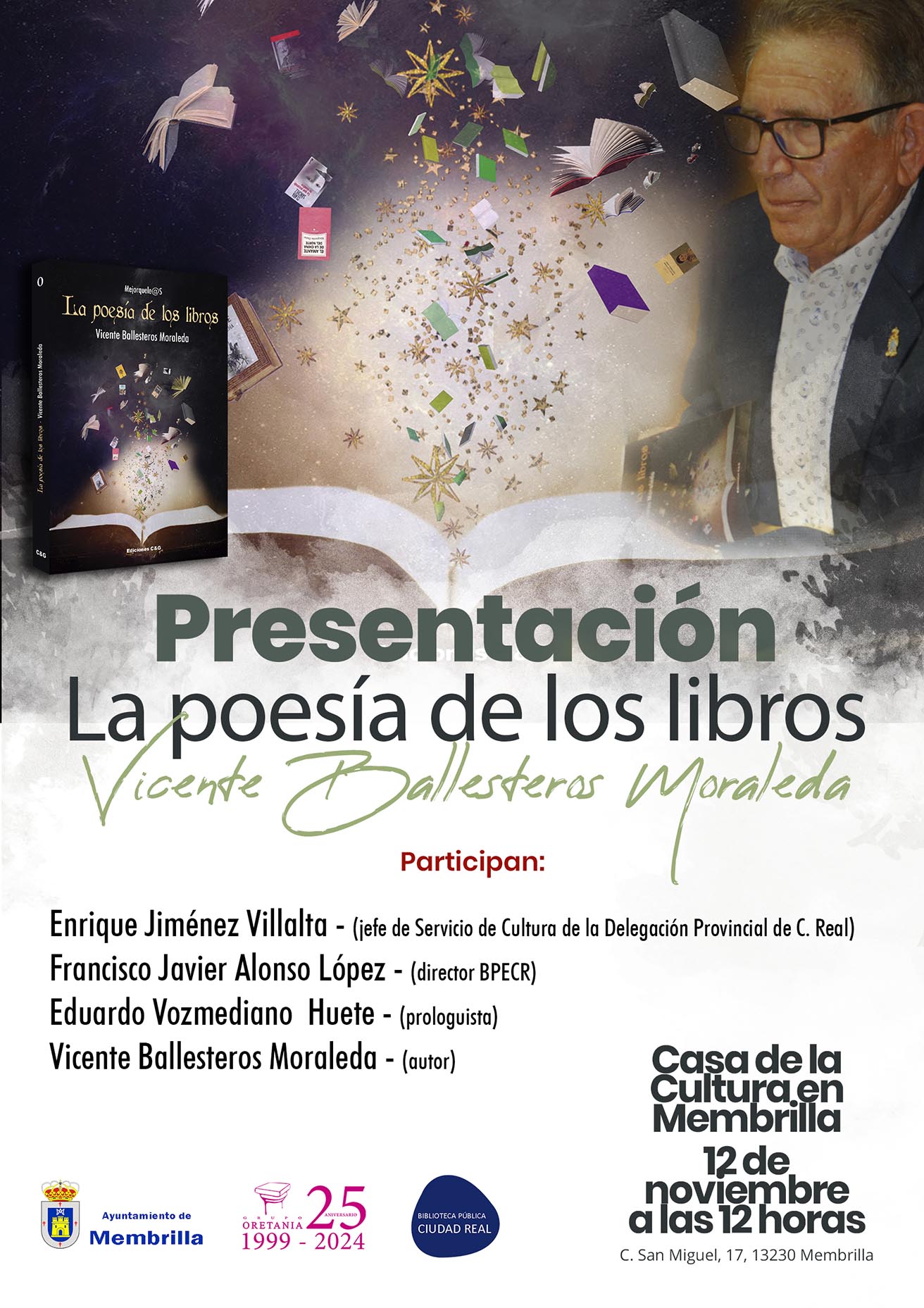 El poeta membrillato, Vicente Ballesteros, presentará su poemario “La poesía de los libros” en su pueblo natal