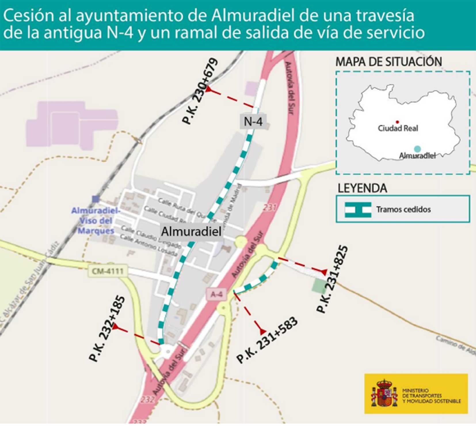 Transportes cede al Ayuntamiento de Almuradiel la travesía de la antigua carretera N-4 y un ramal de salida 