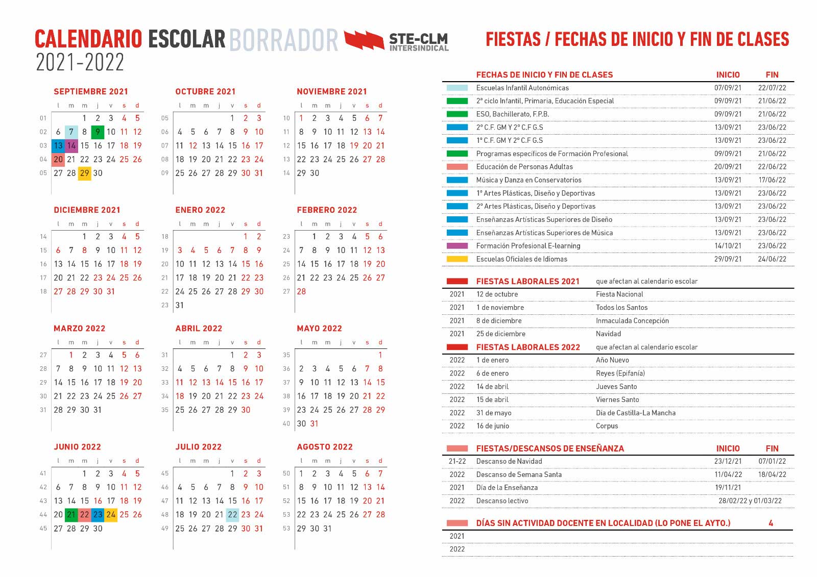 Calendario escolar : STE-CLM rechaza el Calendario por falta de equilibrio y criterios pedagógicos 