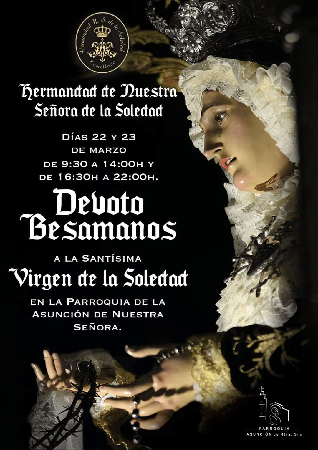 La Hermandad de la Soledad celebrará un besamanos a su imagen titular el próximo Viernes de Dolores y Sábado de Pasión  