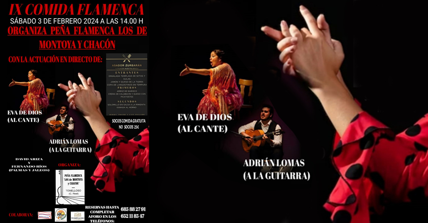 Eva de Dios al cante y Adrián Lomas a la guitarra junto con grandes palmeros actuarán en la comida espectáculo de la Peña Flamenca de Tomelloso “Los de Montoya y Chacón” 