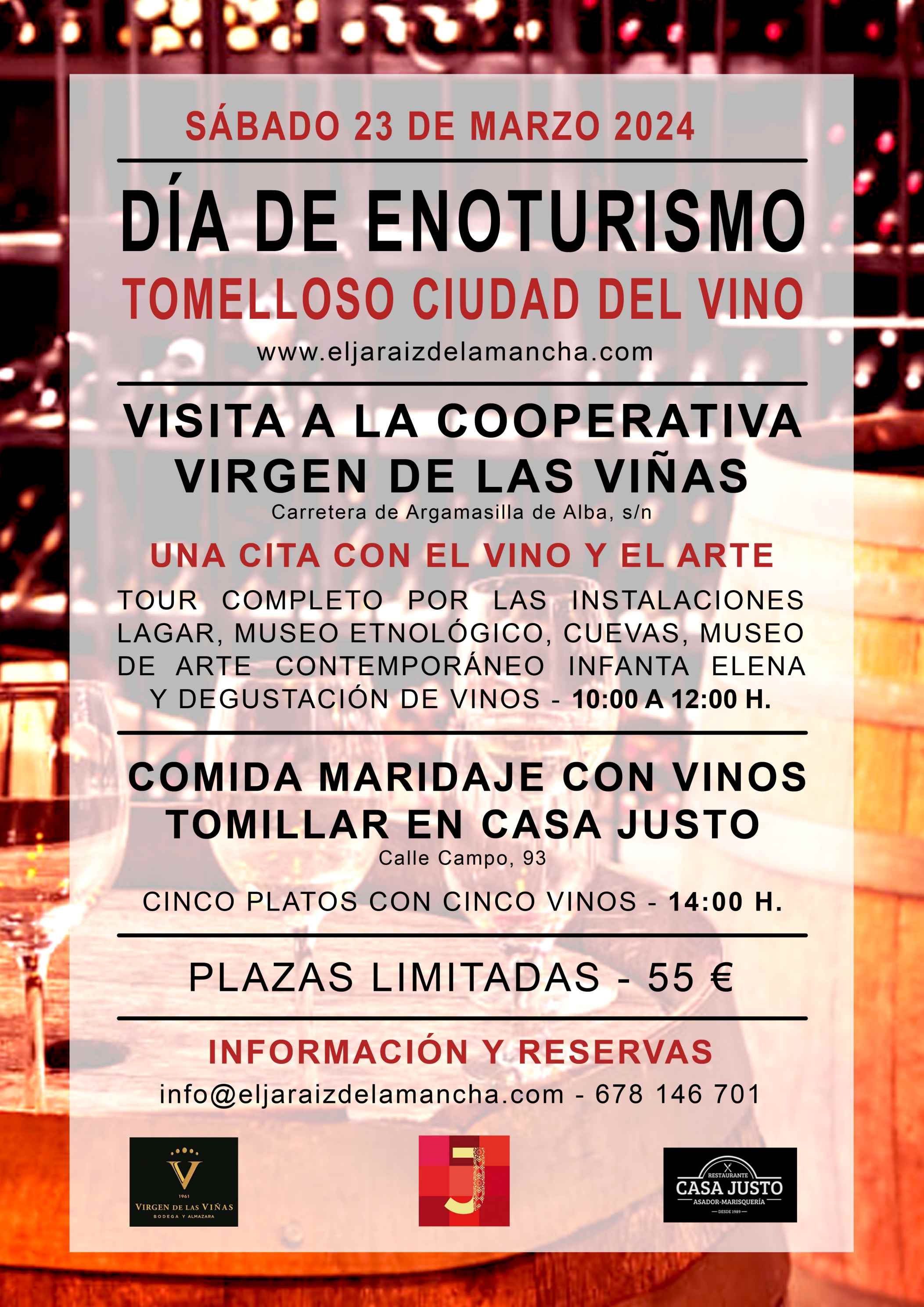 El Jaraíz de La Mancha organiza una jornada de enoturismo para visitar la Cooperativa Virgen de las Viñas y poder degustar sus vinos tomillar y Lienzo en el Restaurante Casa Justo de Tomelloso