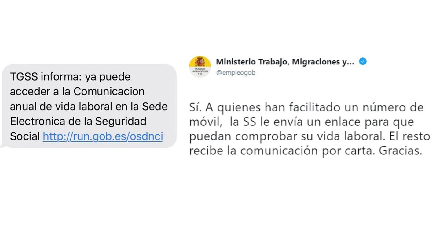 La TGSS informa de la vida laboral a través de un sms,  no es un timo