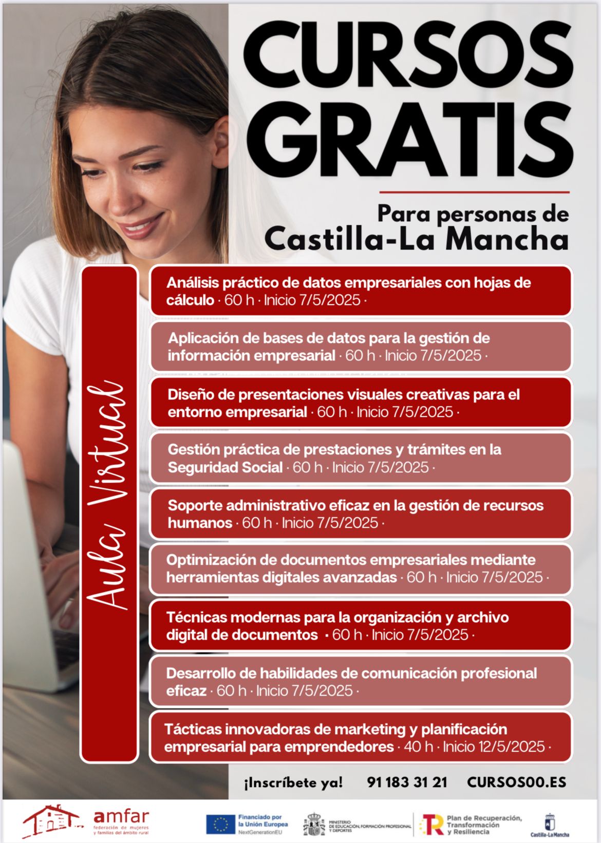 AMFAR abre el plazo de inscripción de 9 cursos gratuitos en Aula Virtual para mejorar la cualificación profesional en Castilla-La Mancha