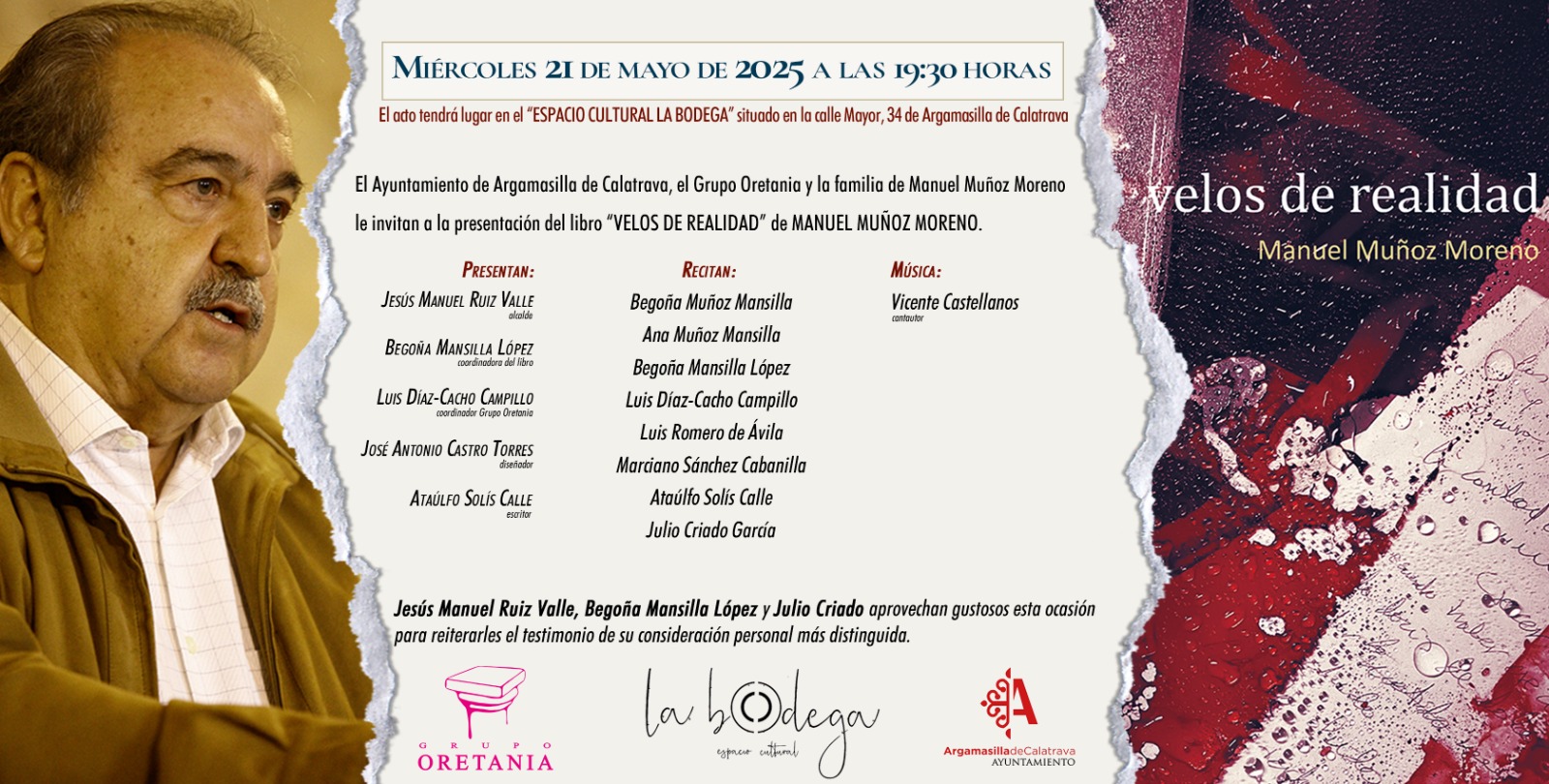 “Velos de realidad” de Manuel Muñoz Moreno será presentado el 21 de mayo en el espacio cultural ‘La Bodega’ de Argamasilla de Calatrava