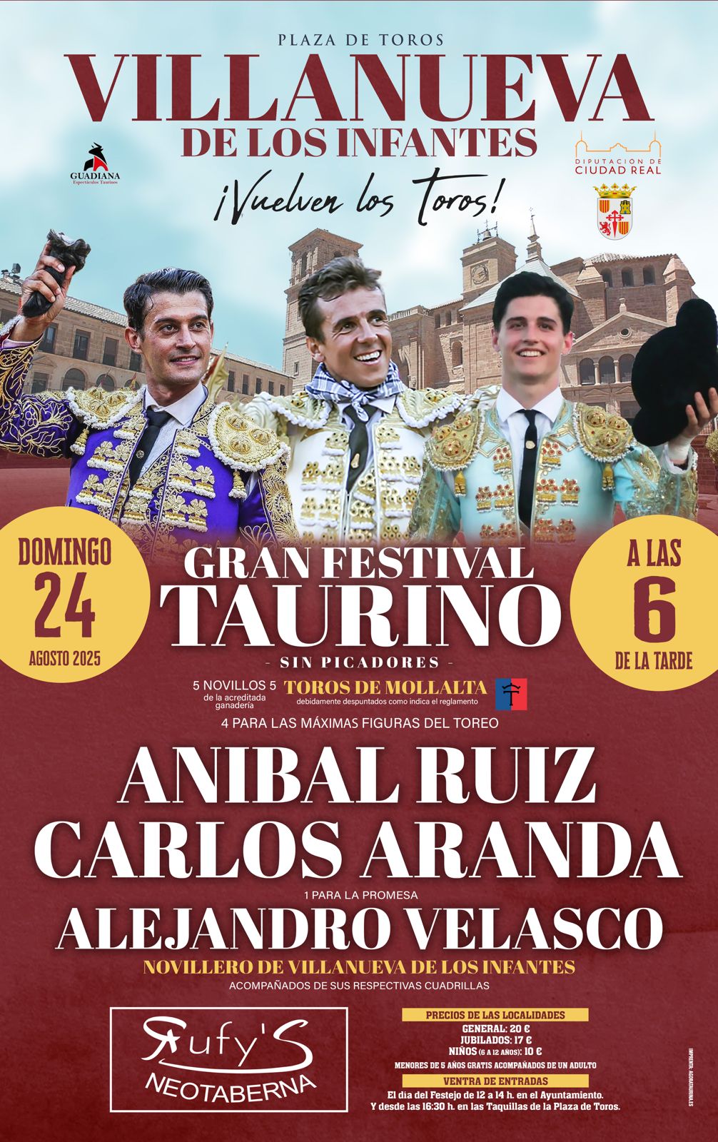 Aníbal Ruiz, Carlos Aranda y Alejandro Velasco conforman el cartel del gran festival taurino de Villanueva de los Infantes