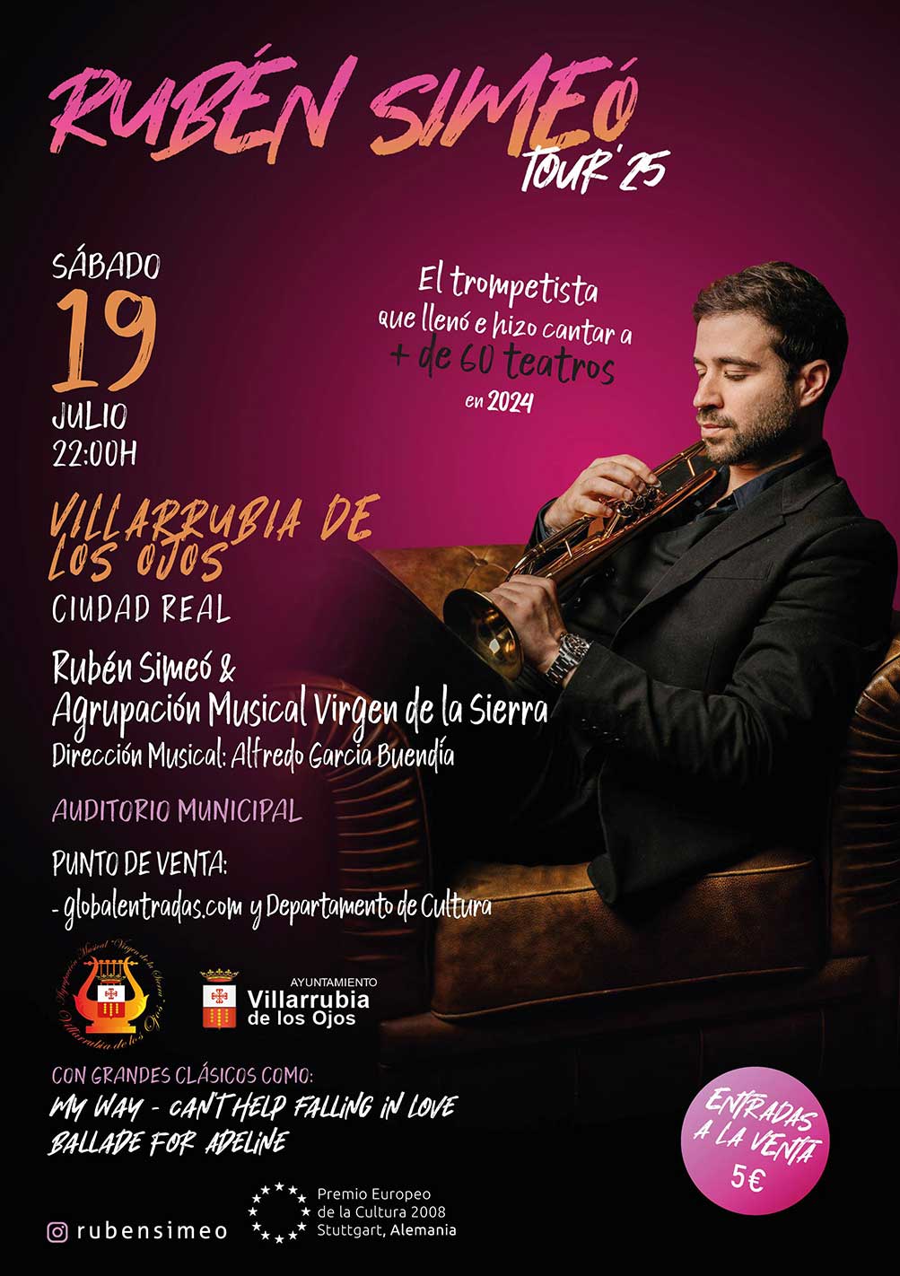 El gran trompetista Rubén Simeó y la Agrupación Musical Virgen de la Sierra darán un concierto este sábado 19 de julio en Villarrubia de los Ojos