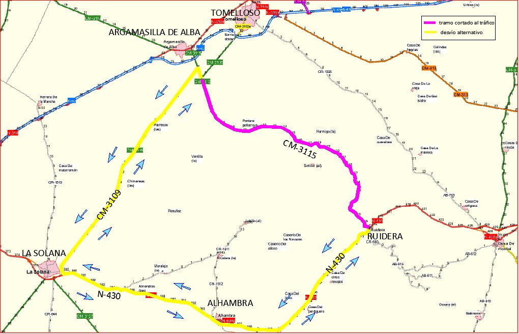 La carretera CM-3115 que une Argamasilla de Alba con Ruidera permanecerá cerrada al tráfico por obras este martes y miércoles
