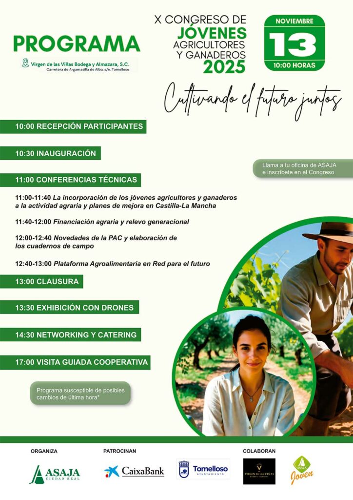 ASAJA celebra este jueves en la Cooperativa Virgen de las Viñas de Tomelloso el X Congreso Provincial de Jóvenes Agricultores y Ganaderos 2025