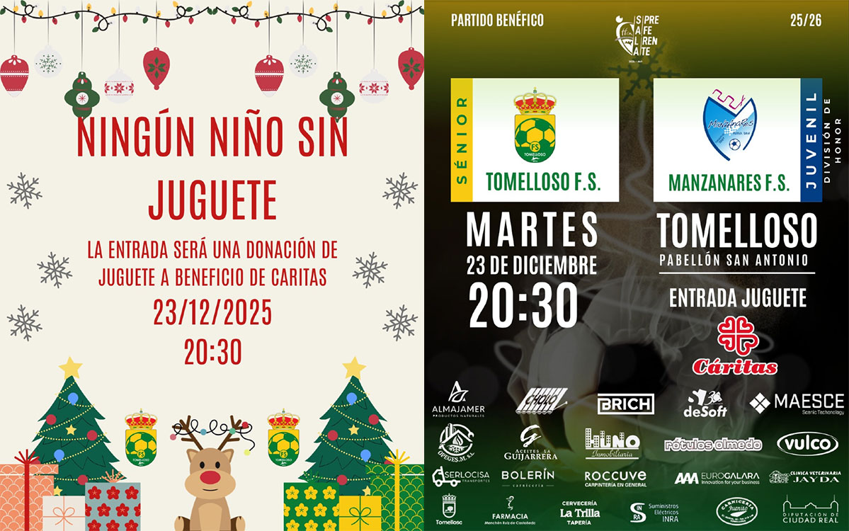 Tomelloso convierte un partido de fútbol sala en una recogida solidaria: “Ningún niño sin juguete” esta Navidad