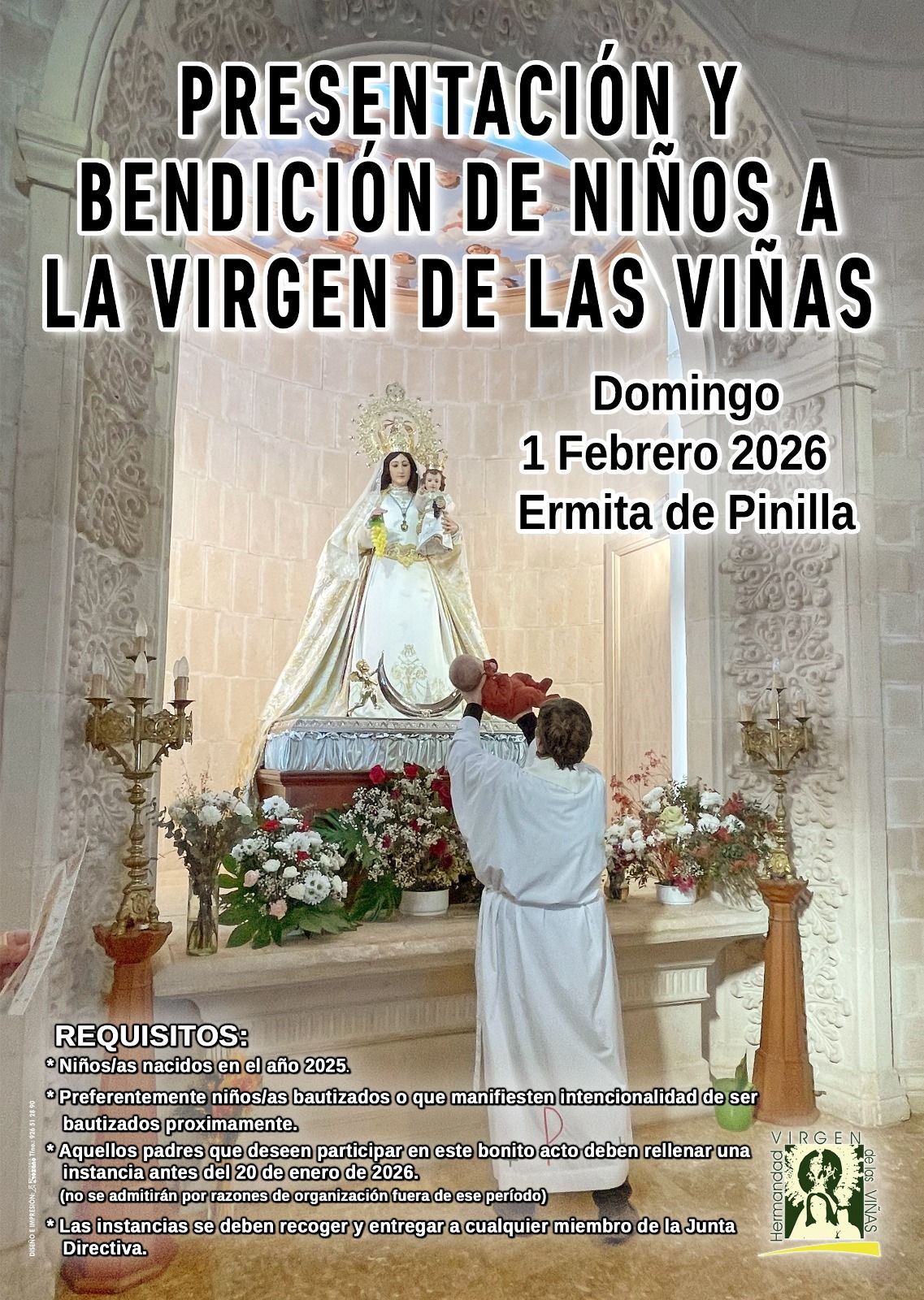 La Hermandad de la Virgen de las Viñas anuncia la presentación y bendición de niños a la Virgen de las Viñas en Pinilla