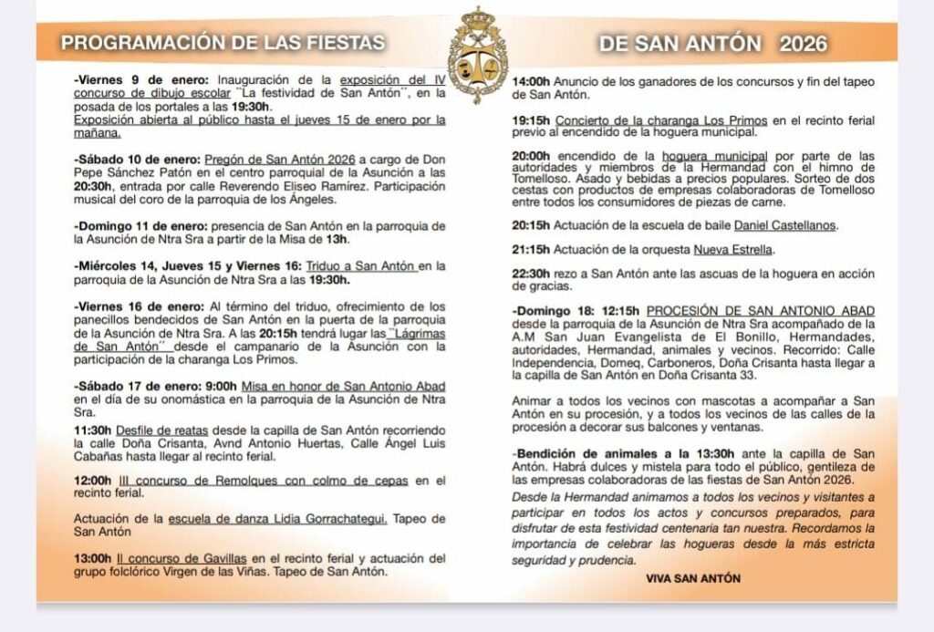 San Antón 2026 calienta Tomelloso: programa completo del 9 al 18 de enero con actos, culto y tradición 4 actos san anton 2026