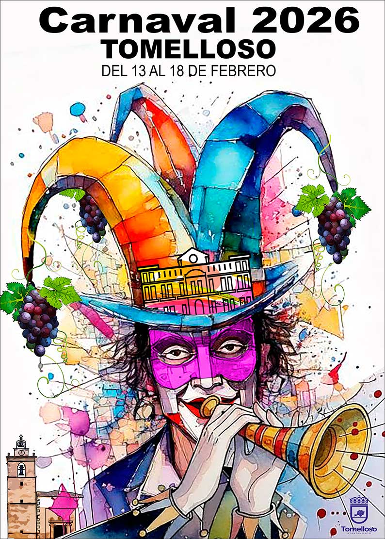 Un arlequín con racimos de uvas, imagen del Carnaval de Tomelloso 2026