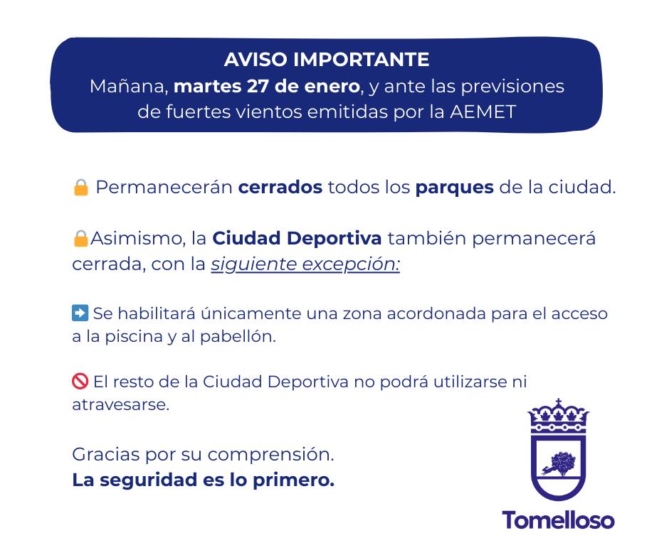 Cierre preventivo de todos los parques de Tomelloso este 27 de enero por la previsión de viento de AEMET 1 cierre parques