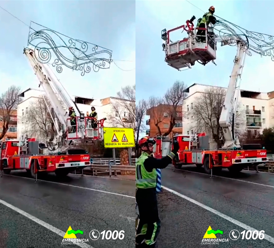 Borrasca Leonardo: los bomberos de Tomelloso retiran un cartel luminoso con riesgo en Argamasilla de Alba