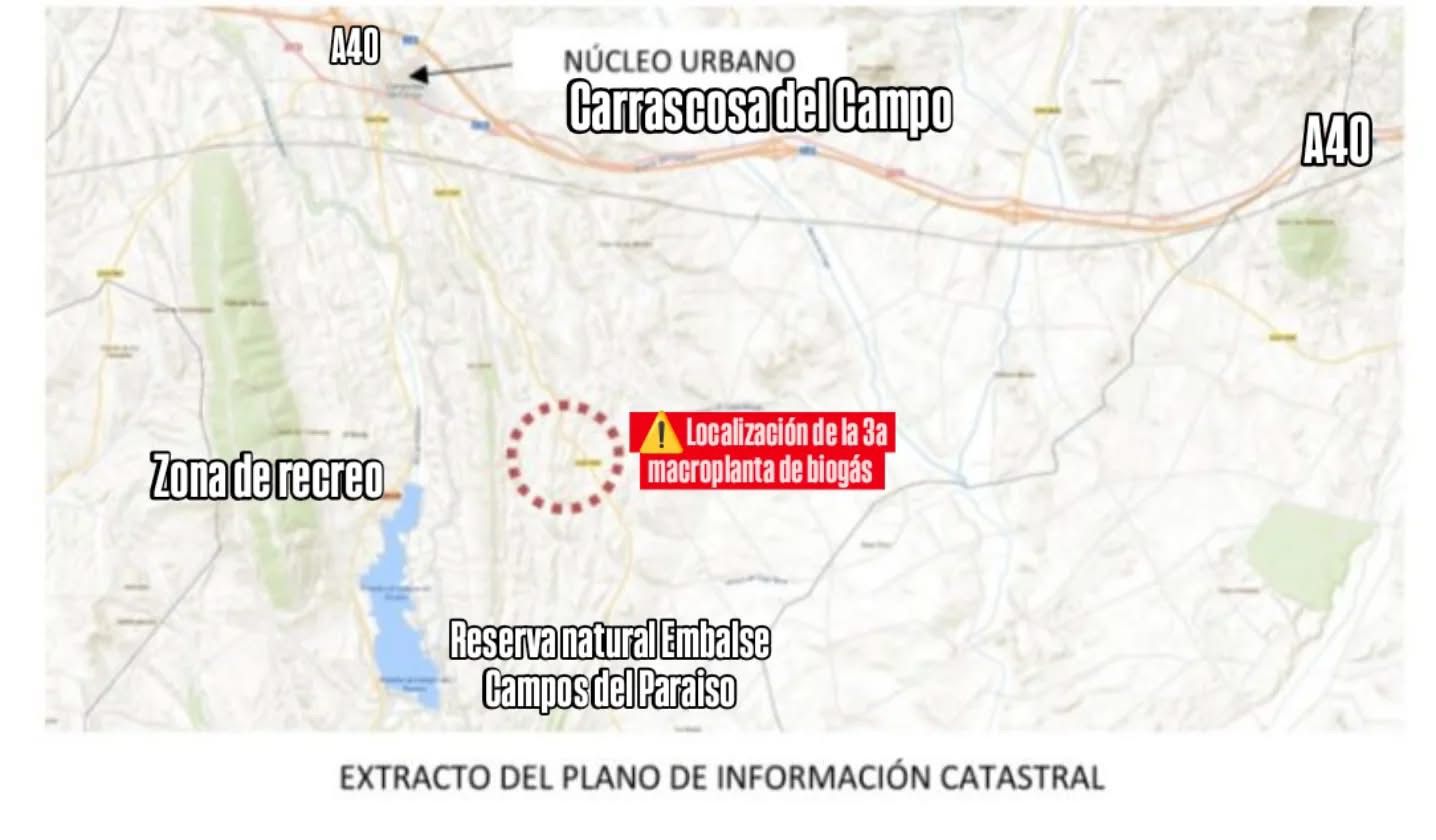 Vecinos de Campos del Paraíso denuncian una tercera planta de biometano proyectada cerca del embalse regulador de la Tubería Manchega