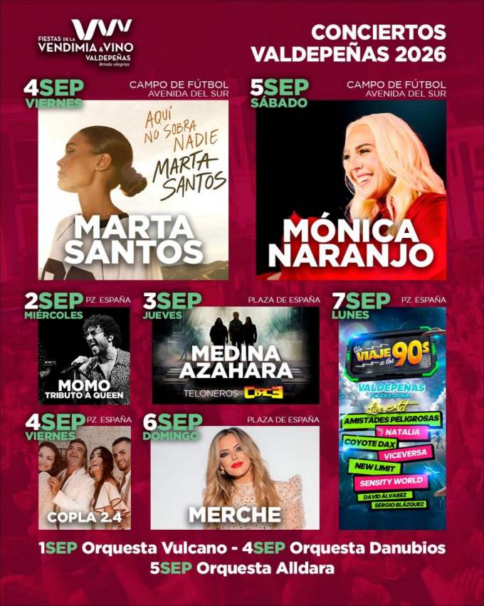 Mónica Naranjo, Marta Santos, Medina Azahara, Merche y Un viaje a los 90, en las Fiestas del Vino de Valdepeñas