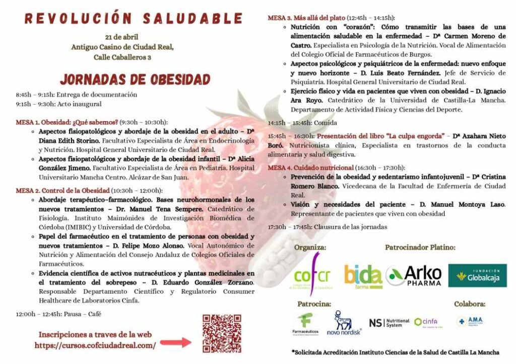 Expertos nacionales y regionales participarán en las Jornadas de Obesidad con el lema Revolución Saludable, organizadas por el Colegio Oficial de Farmacéuticos en Ciudad Real 1 jornadasobesidad 2