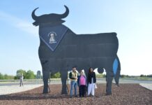 Isabel Cañas viste al Toro de Osborne con el pañuelo de hierbas en la antesala de la Romería de la Virgen de las Viñas Isabel Cañas viste al Toro de Osborne con el pañuelo de hierbas en la antesala de la Romería de la Virgen de las Viñas