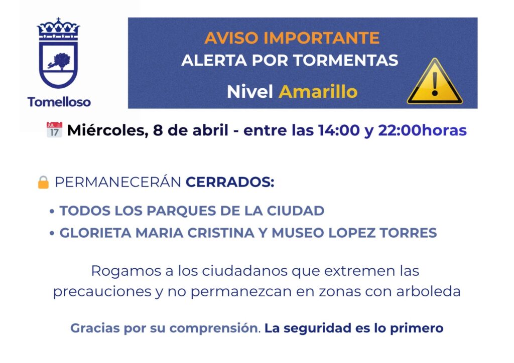 Tomelloso activa la alerta amarilla por tormentas y cierra parques y espacios públicos por precaución 1 Tomelloso activa la alerta amarilla por tormentas y cierra parques y espacios públicos por precaución