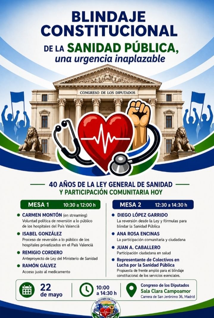 Colectivos en Lucha por la Sanidad Pública aborda el blindaje constitucional de la salud en un acto abierto al público en Madrid