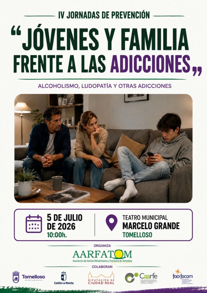 AARFATOM presenta en Tomelloso sus nuevas jornadas de prevención bajo el lema “Jóvenes y familia frente a las adicciones” 1 AARFATOM presenta en Tomelloso sus nuevas jornadas de prevención bajo el lema “Jóvenes y familia frente a las adicciones”