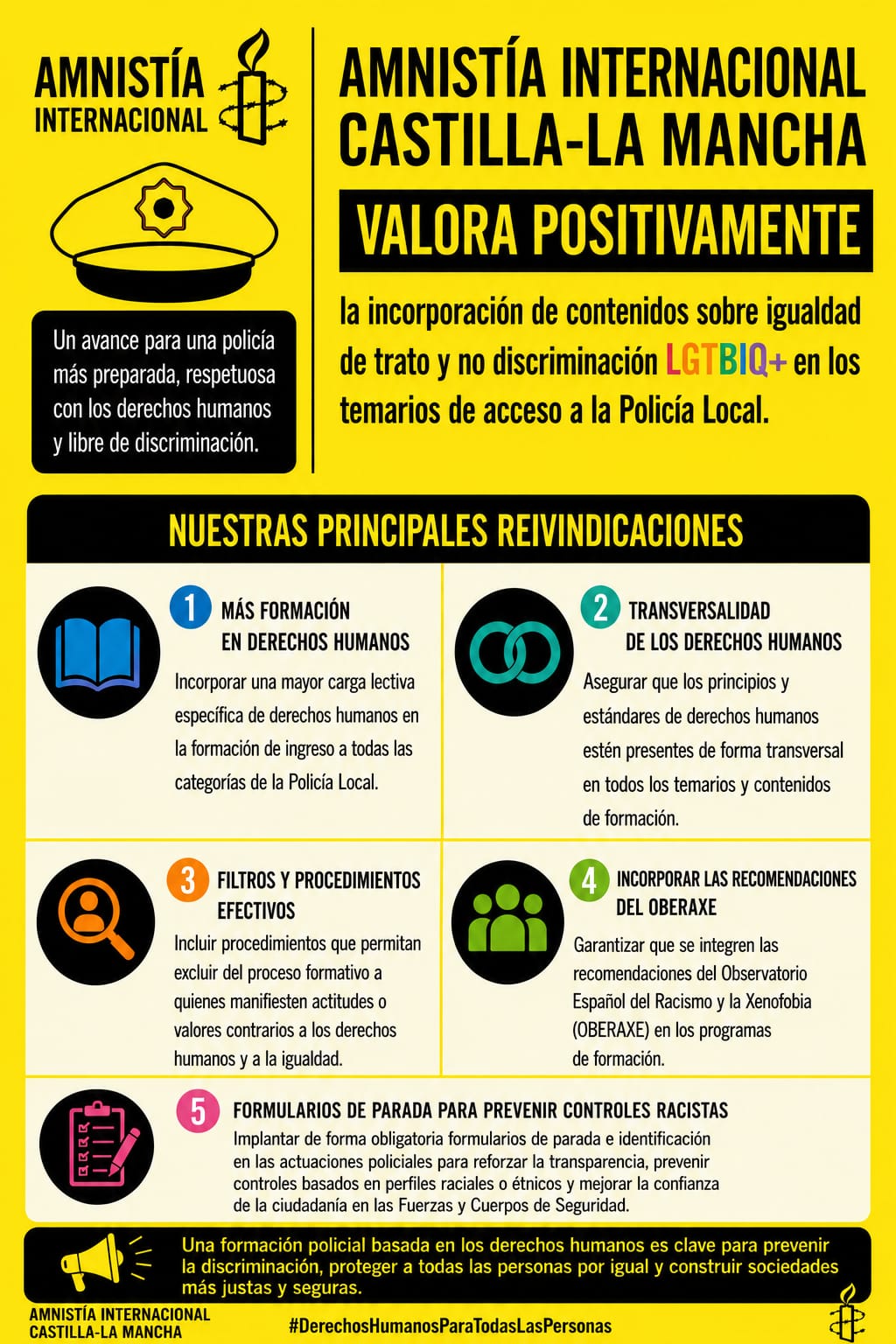 Amnistía Internacional Castilla-La Mancha valora positivamente la incorporación de contenidos sobre igualdad y no discriminación LGTBIQ+ en los temarios de acceso a la Policía Local