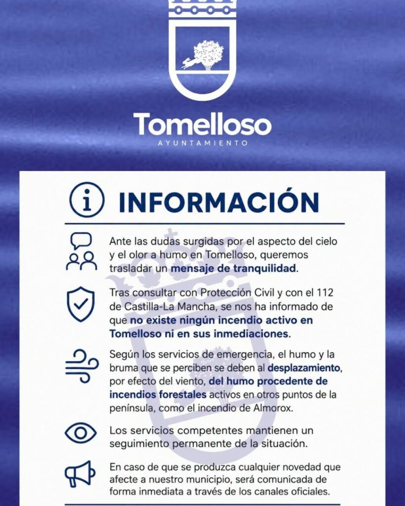 El Ayuntamiento de Tomelloso aclara en un comunicado el origen del humo en la ciudad y confirma que no hay incendios activos en la zona 1 nono incendios tomelloso