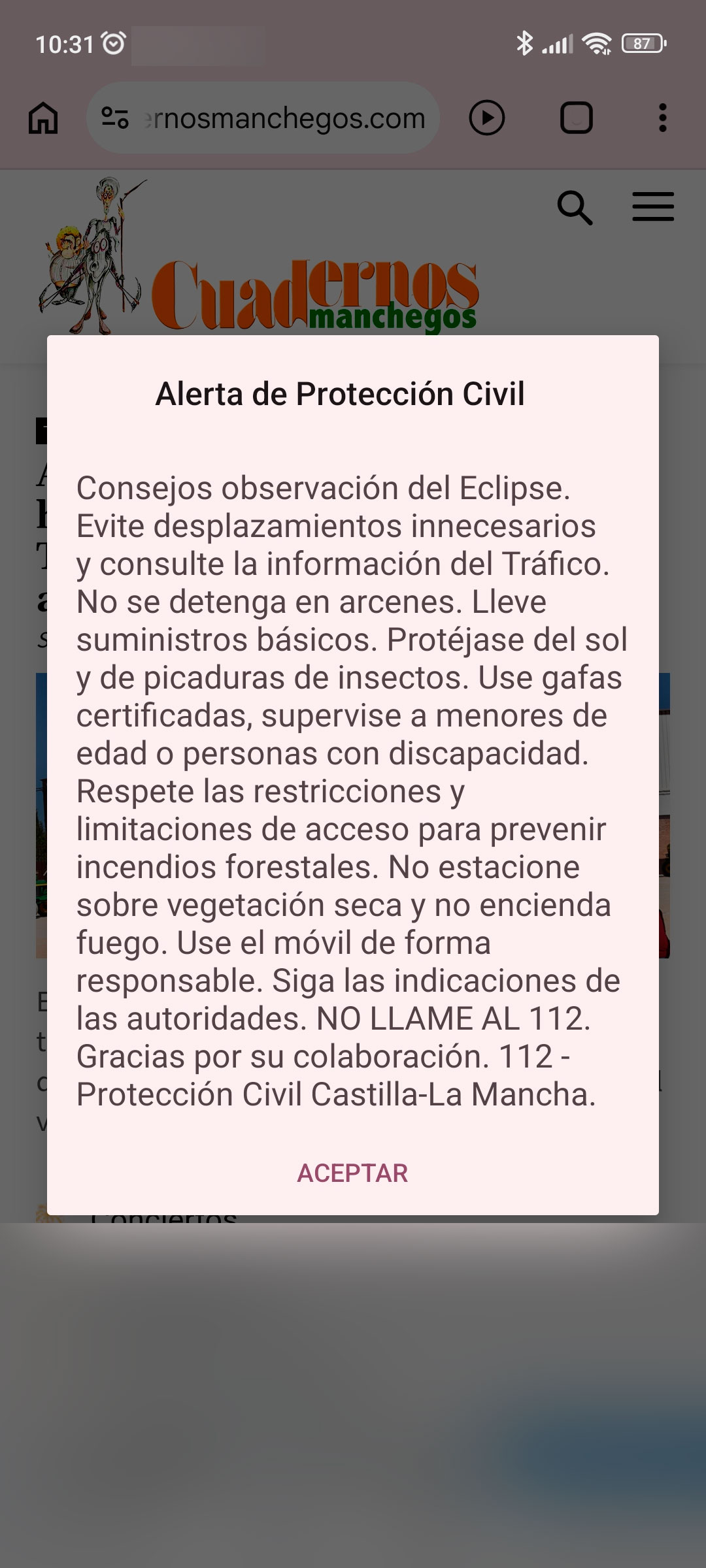 El Gobierno de Castilla-La Mancha activa el PLATECAM en fase de alerta en toda la región con motivo del fenómeno del eclipse solar total