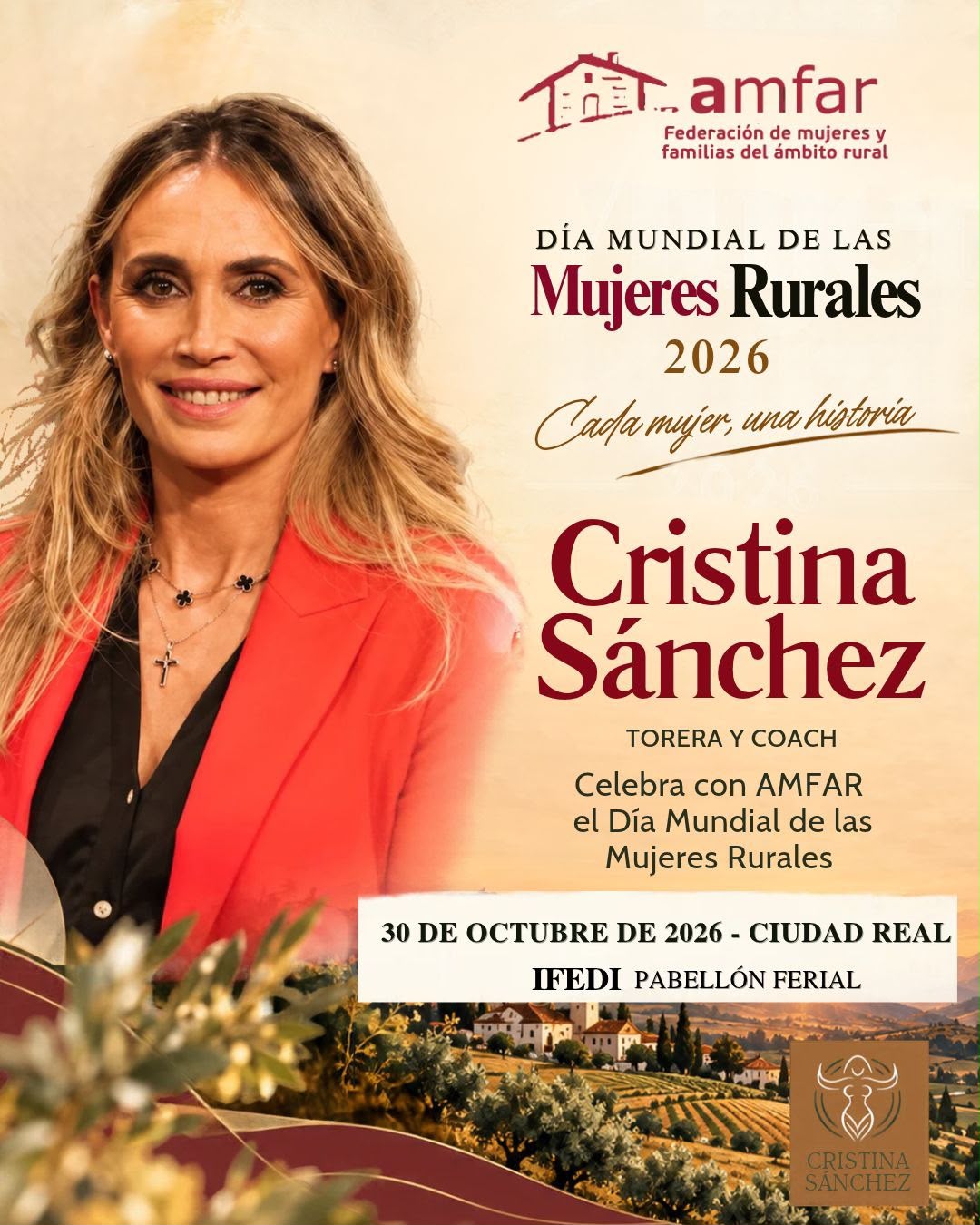 AMFAR contará con la torera Cristina Sánchez en su celebración del Día de las Mujeres Rurales en Ciudad Real el 30 de octubre