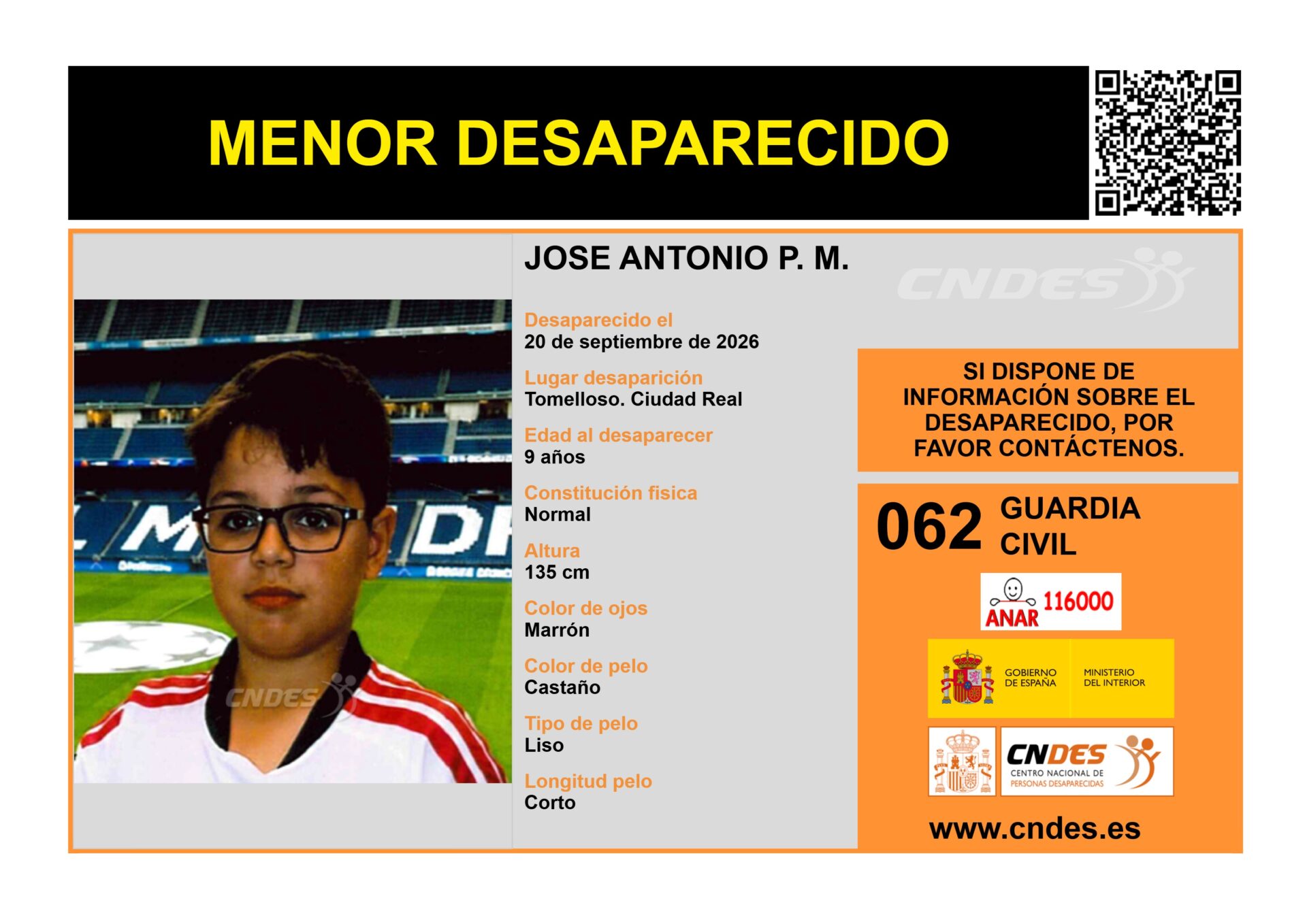 Buscan a un niño de 9 años desaparecido en Tomelloso