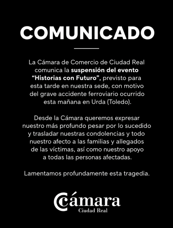 La Cámara de Comercio de Ciudad Real muestra su pesar por el accidente ferroviario de Urda y suspende su actividad prevista para esta tarde