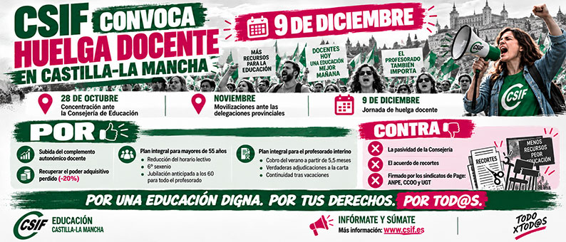 CSIF llama a la huelga educativa en Castilla-La Mancha el próximo 9 de diciembre ante la falta de avances en las condiciones del profesorado