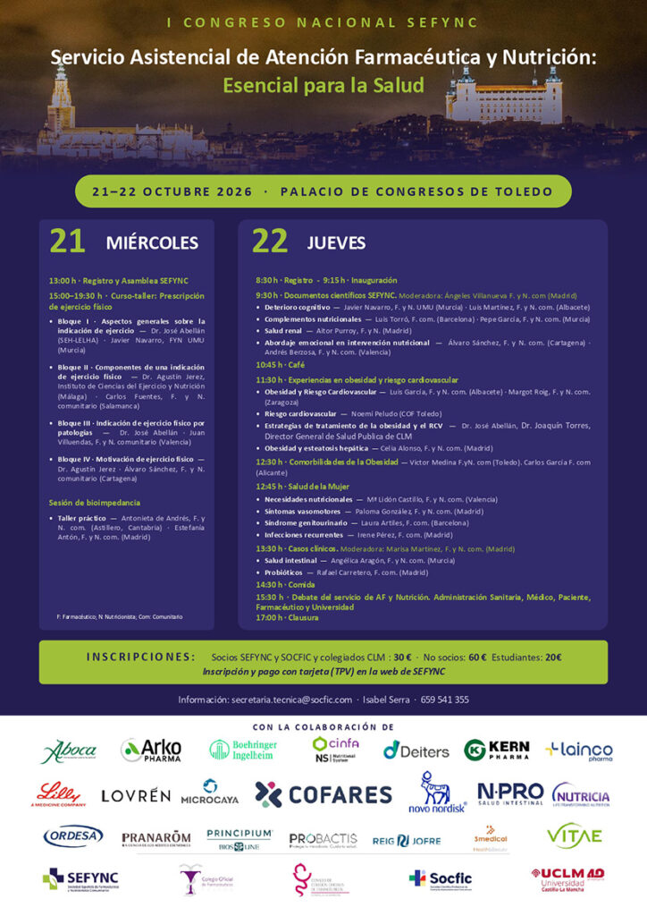 Toledo se convierte en el epicentro de la atención farmacéutica y la nutrición con la celebración del I Congreso de SEFYNC los días 21 y 22 de octubre 1 Toledo se convierte en el epicentro de la atención farmacéutica y la nutrición con la celebración del I Congreso de SEFYNC los días 21 y 22 de octubre