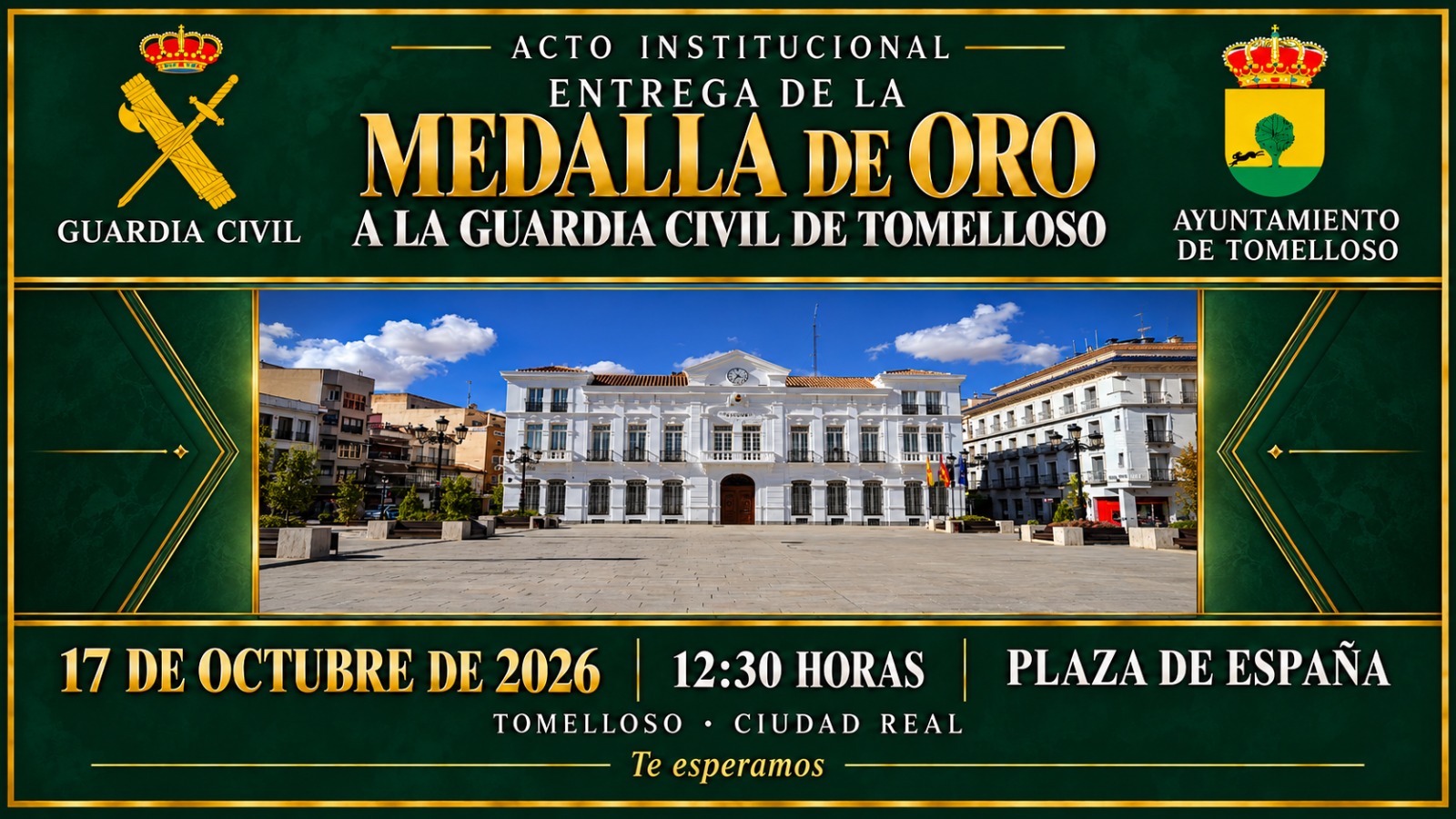 La Guardia Civil de Tomelloso recibirá la Medalla de Oro de la ciudad el próximo sábado 17 de octubre en un acto en la Plaza de España