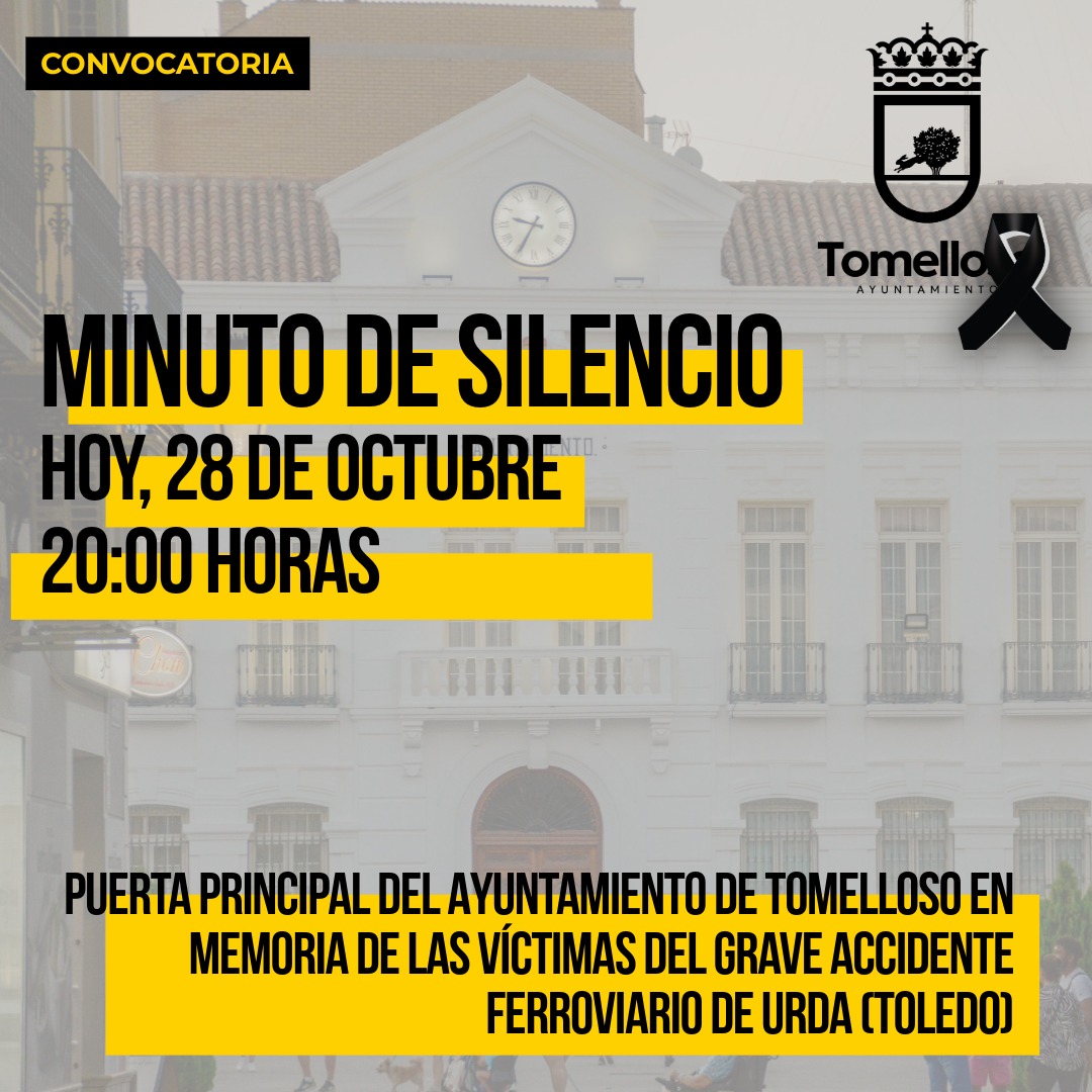 Tomelloso convoca un minuto de silencio ante el Ayuntamiento en memoria de las víctimas del grave accidente ferroviario ocurrido en Urda.