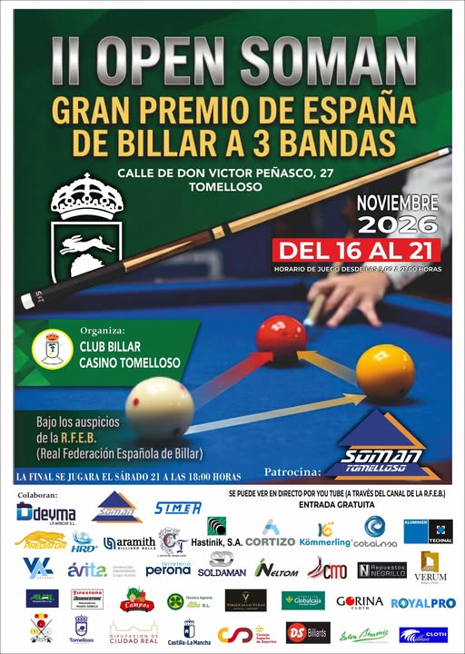 El II Open Soman de billar cerrará este lunes las inscripciones para su Gran Premio de España en Tomelloso 1 segundo open somas villar tomelloso