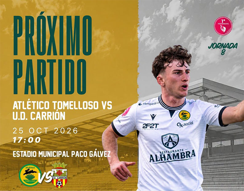 El Atlético Tomelloso recibe este domingo al Carrión como líder e invicto de Primera Autonómica Preferente